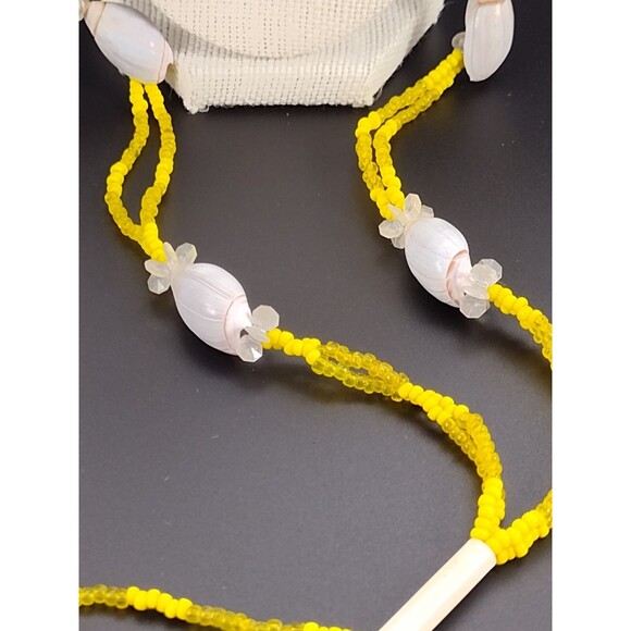 Vintage 23" Beaded Cowrie Shell Necklace Y Drop Long Tassel Yellow White Plastic - Picture 3 of 6